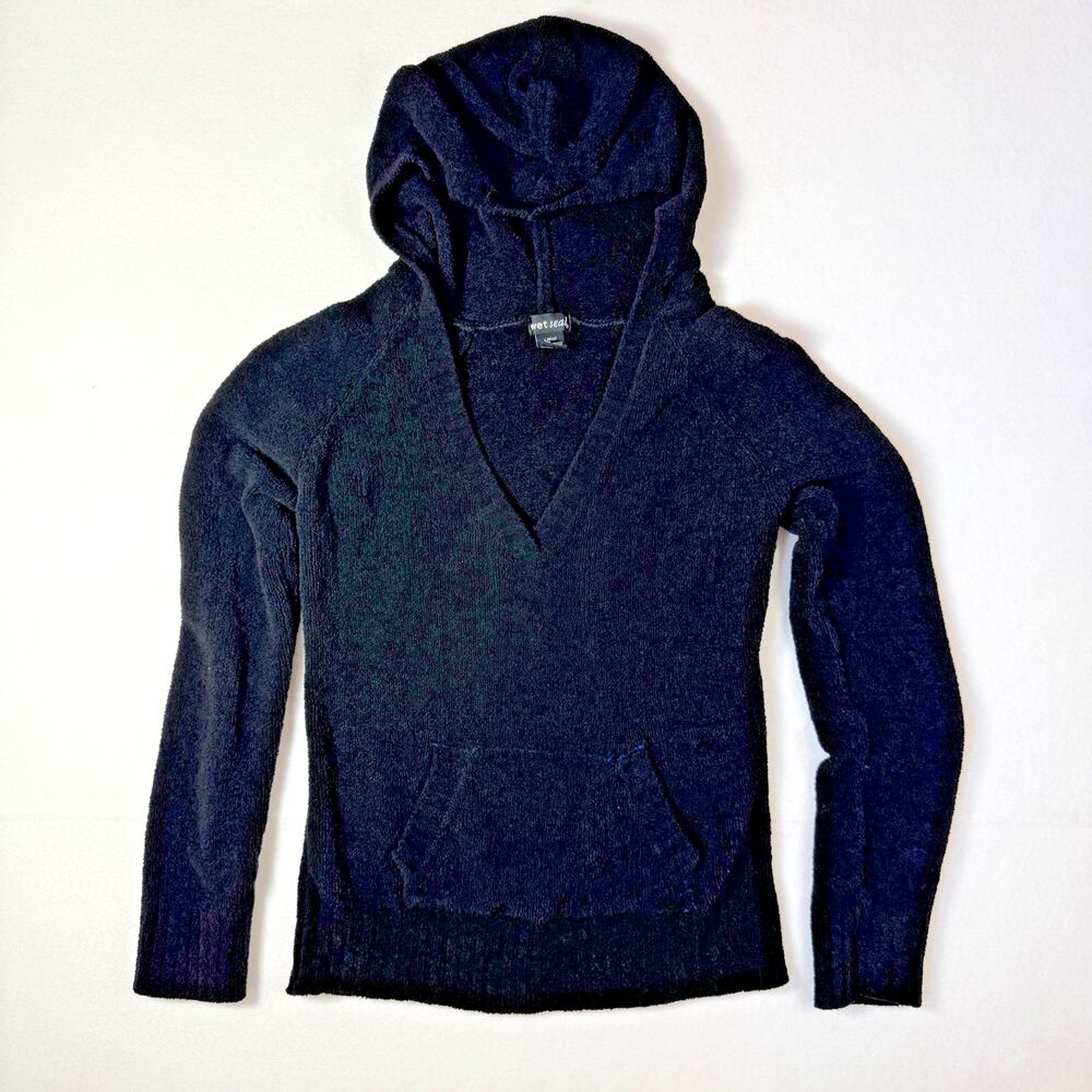 Wet Seal VTG Black Boucle Knit V-Neck Hoodie Sweater Kangaroo Women's Large
